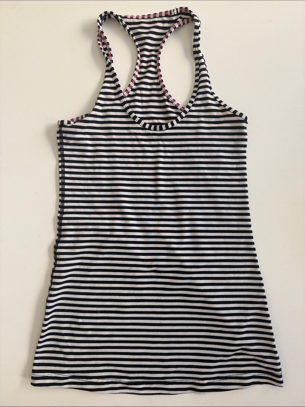 Lululemon Black & White Striped Racerback Tank with Pink Trim